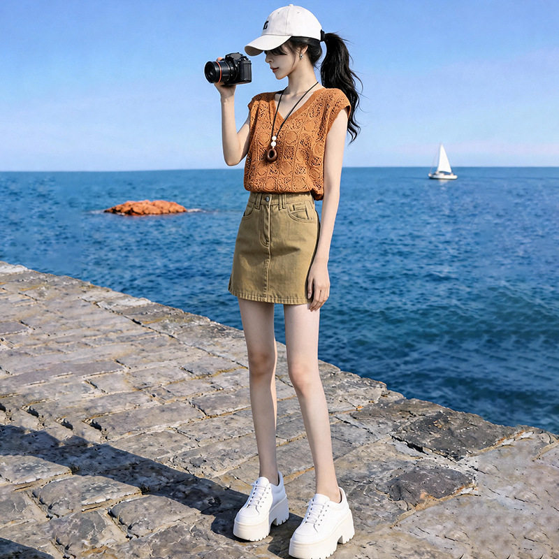 镂空针织衫牛仔短裙网红休闲套装女高腰显瘦气质减龄洋气时髦套装