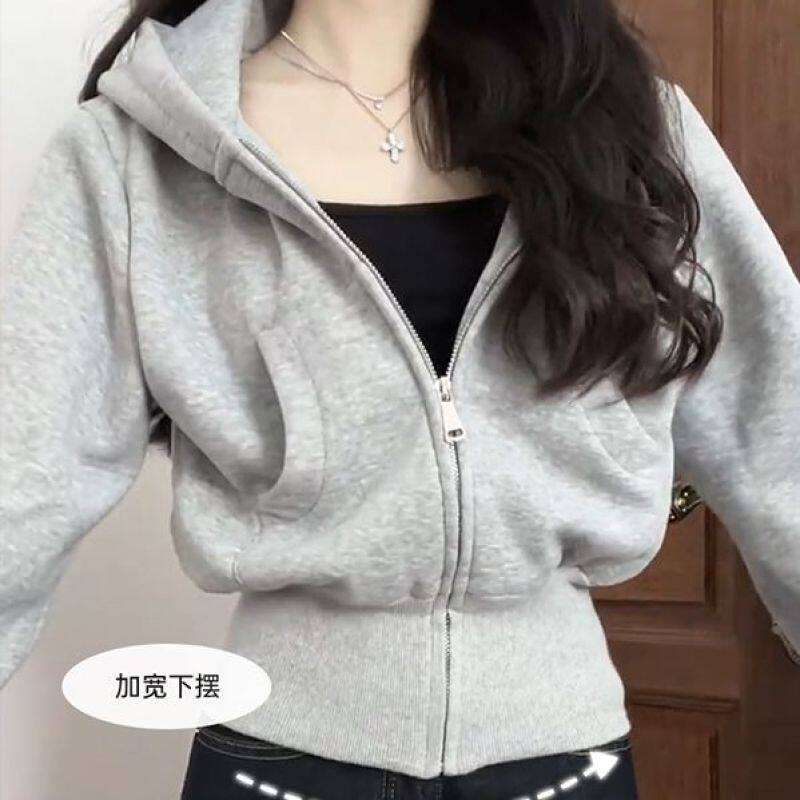 灰色短款连帽卫衣外套女2026新款早秋韩系穿搭修身收腰薄开衫上衣