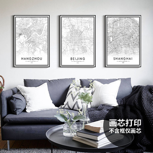 北欧工业风线条地图装饰画芯打印现代简约客厅书房挂画心微喷定制