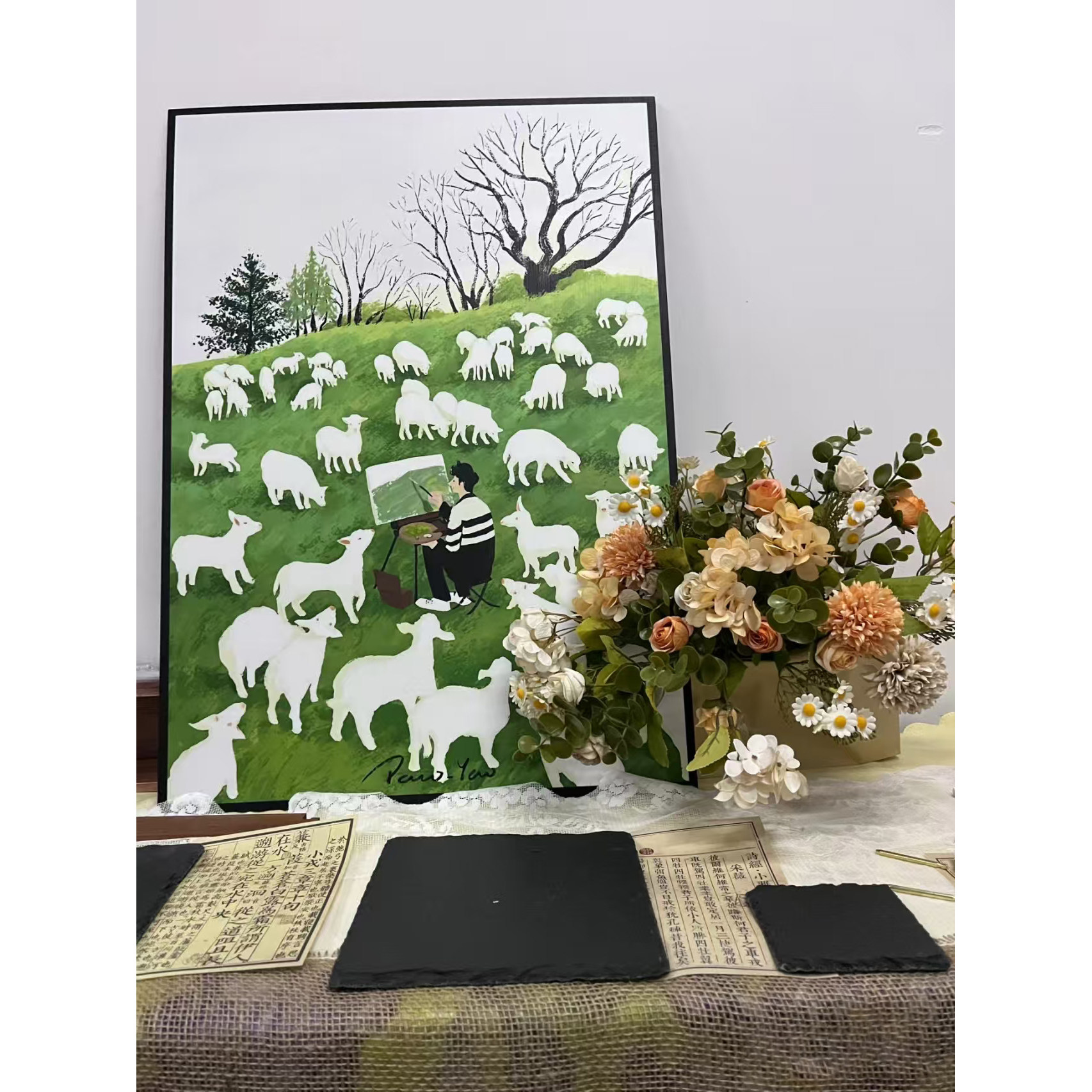 绿色小清新趣味ins风装饰画可爱羊群奶油风客厅玄关卧室床头画芯