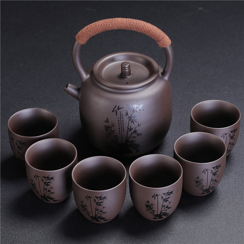 原矿紫砂大容量提梁壶茶具套装大号茶杯高档商务伴手礼品皮包礼盒图片