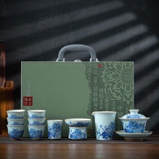 青釉陶瓷功夫茶具套装 影青盖碗茶壶茶杯一整套 高档泡茶茶具全套