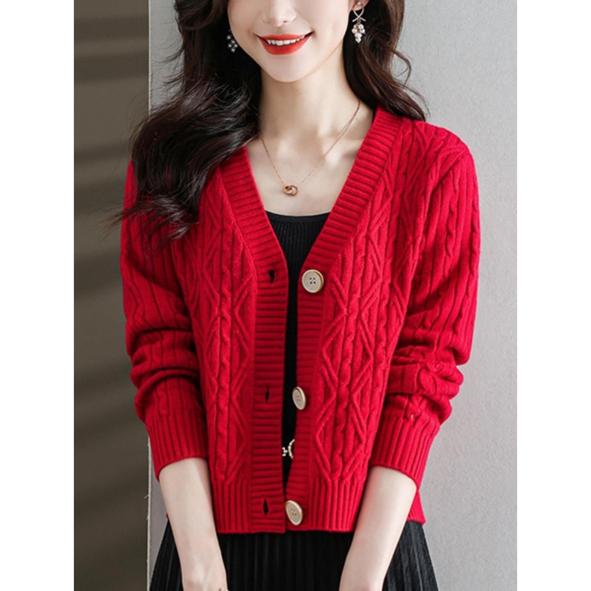 ROUMIKL2025新款秋装蓝色V领麻花针织开衫女装短款纽扣毛衣外套宽