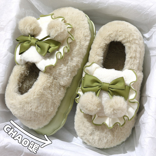 蝴蝶结棉拖鞋女款冬季包跟厚底