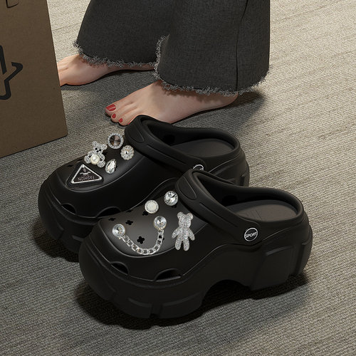 黑色洞洞鞋女款夏季外穿2025新款防滑沙滩厚底增高凉鞋包头半拖鞋