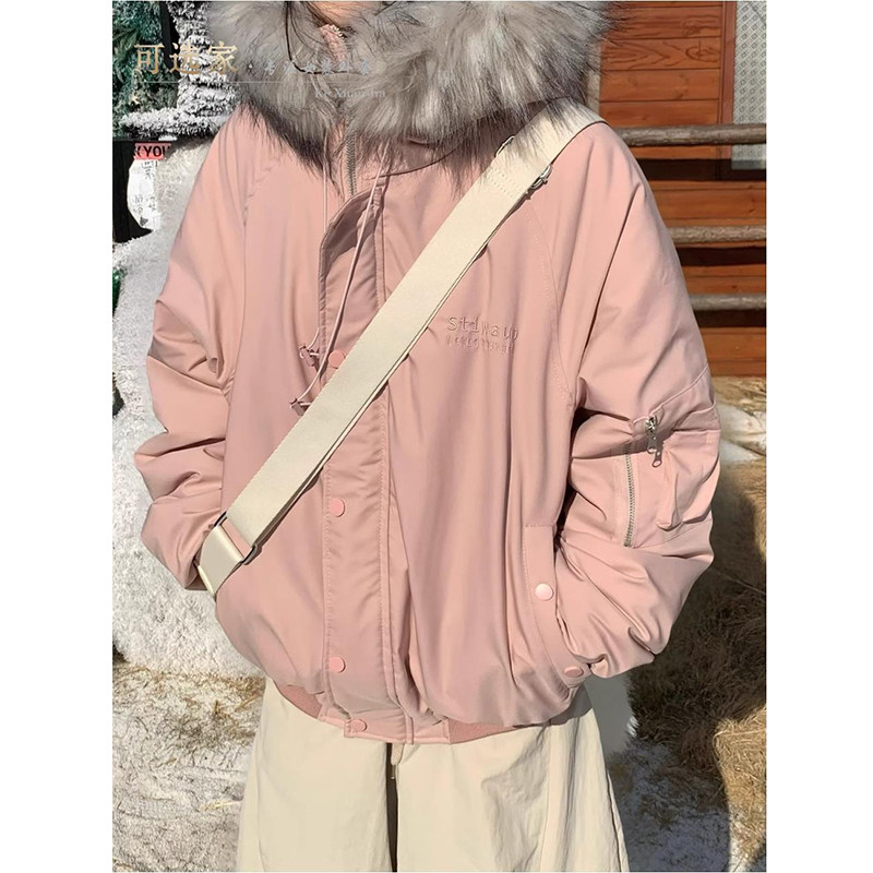 粉色大码毛领工装羽绒棉服外套