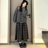 秋冬新款 套装 大码 胖妹妹显瘦遮肉韩系复古格子毛呢半身裙针织开衫