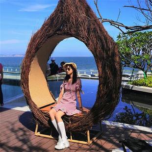 网红秋千户外巴厘岛同款 景区民宿打卡拍照编藤鸟笼吊椅悬挂式