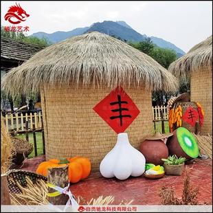 农民丰收节粮仓草堆装 饰道具制作农耕放牛娃稻草人丰收粮仓草雕