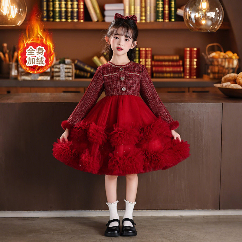 女童连衣裙加绒旗袍裙秋冬款拜年服新中式中国风礼服中大童公主裙