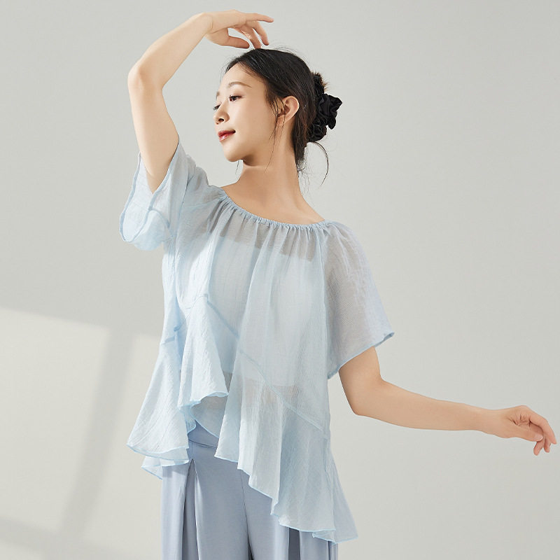 舞蹈服短袖纱衣中国舞练功服罩衫现代宽松训练服上衣民族舞