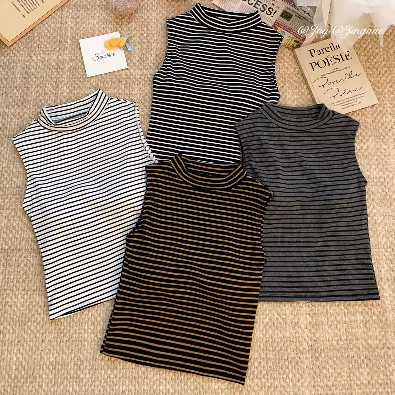 百搭高领条纹小众爆款美背吊带背心女外穿带胸垫性感打底弹力上衣