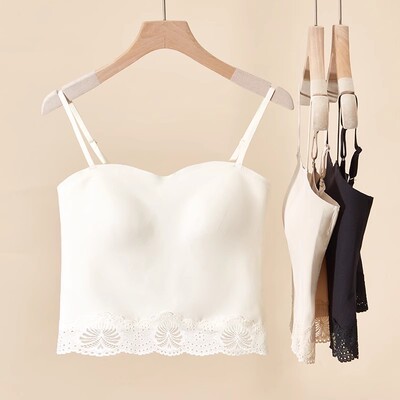 纯欲无痕冰丝蕾丝花边拼接吊带背心女打底带胸垫一体文胸内衣抹胸
