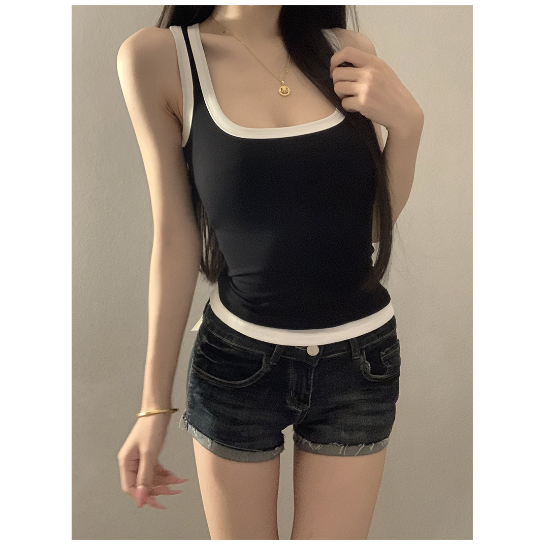 拼色宽肩吊带背心外穿上衣带胸垫