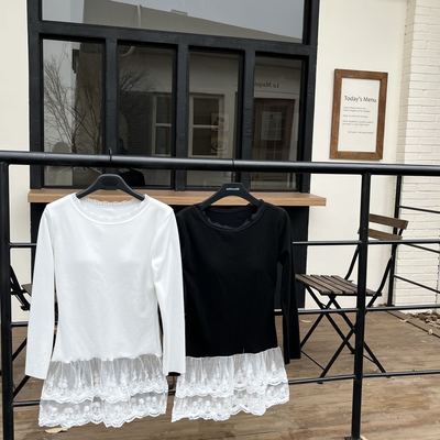 蕾丝拼接下摆花边长袖女带胸垫新款T恤内搭叠穿防走光打底衫上衣