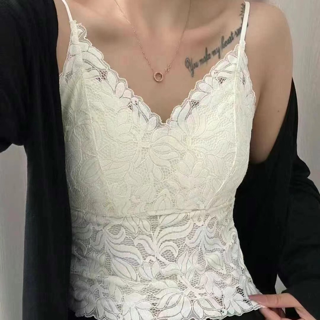 法式美背辣妹蕾丝花边吊带纯欲别致上衣白色背心外穿女内搭打底衫