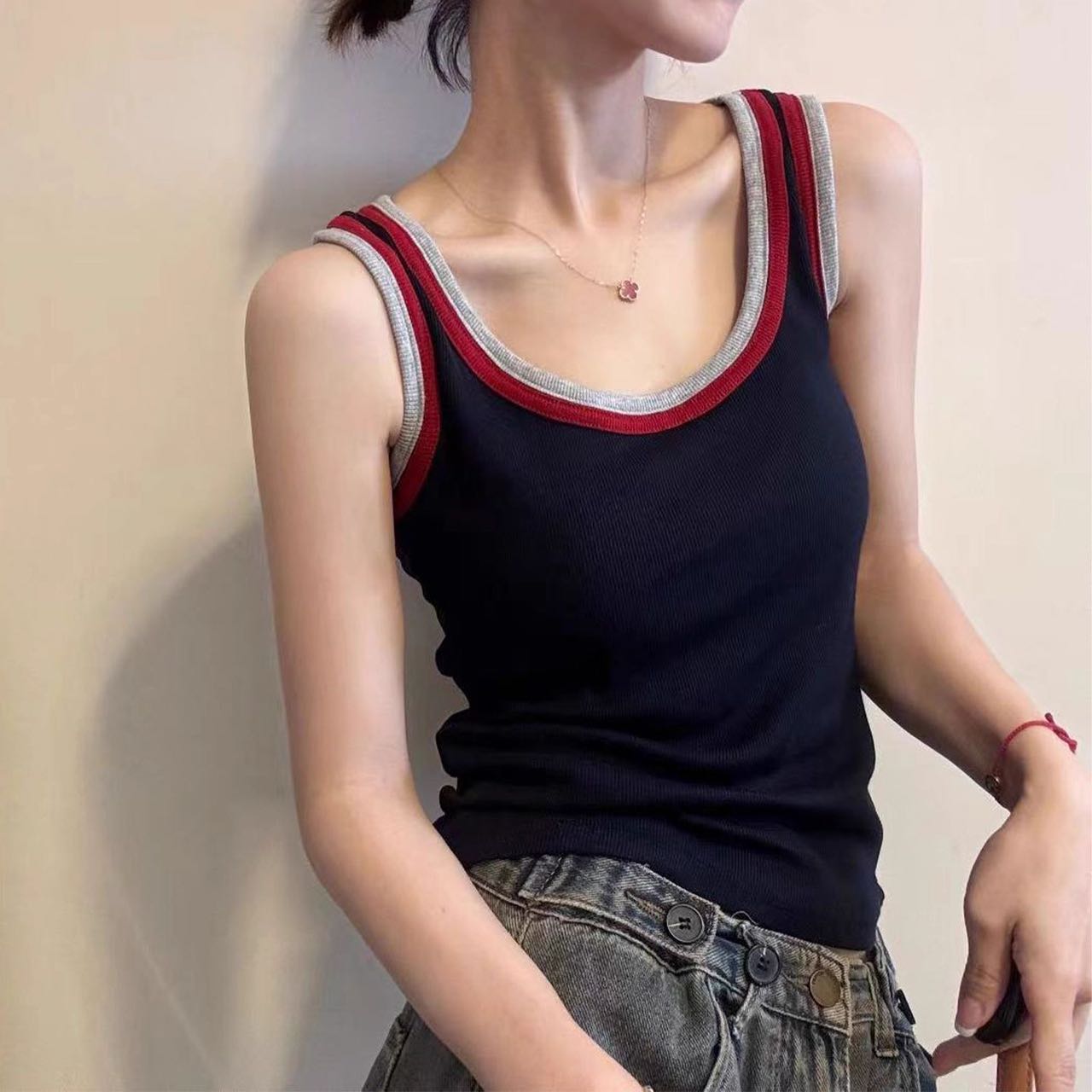 拼色美背吊带背心女外穿性感带胸垫一体无钢圈文胸防走光内衣抹胸