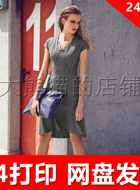 服装1:1手工diy打印纸样 x439 修身拼接燕尾短袖灰色连衣裙