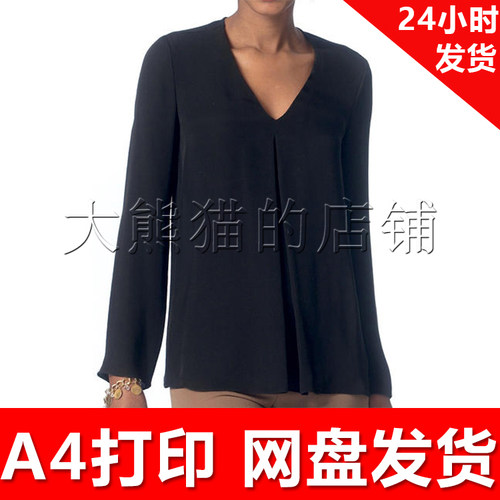 服装1:1手工diy打印纸样 x404 女装前面打褶V领长袖衫(6-14)