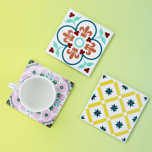 泉州花砖硅藻泥吸水杯垫防烫复古花纹清新风印花伴手礼丨乐城知礼