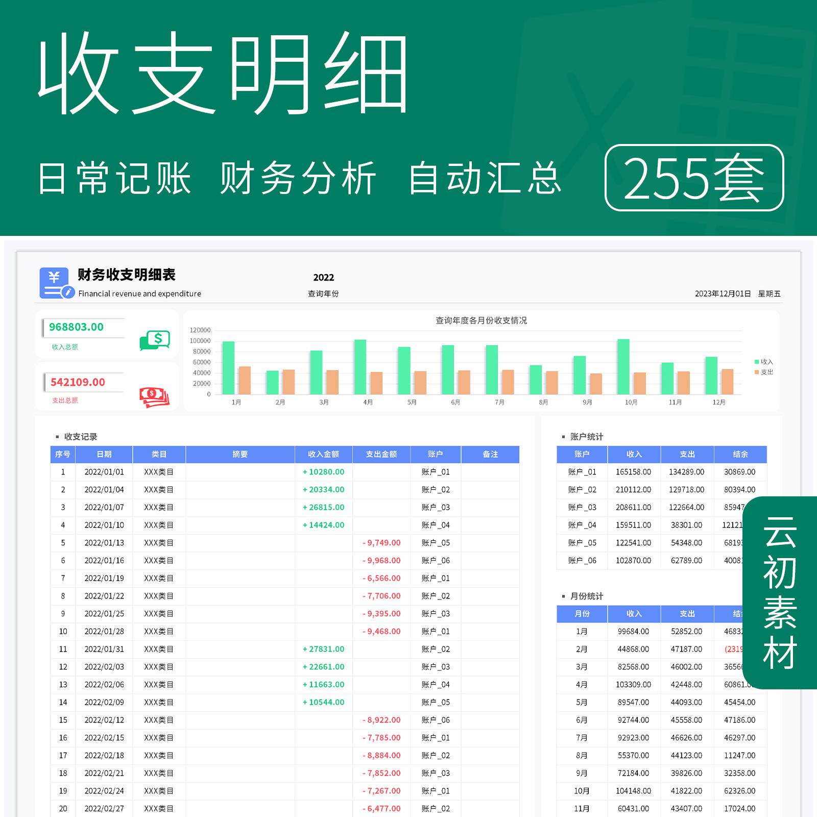 公司财务收入支出明细表Excel模板统计表花销记账数据管理分析表