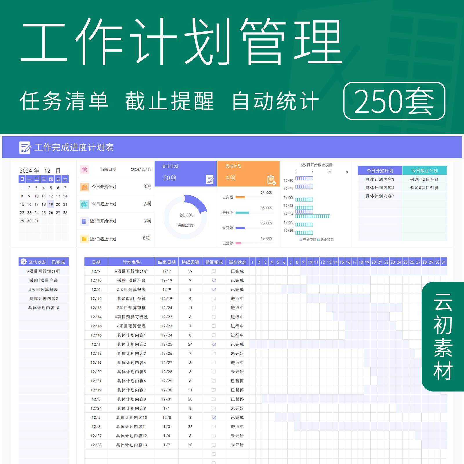 2025工作计划管理Excel每日学习进度周月日程时间安排项目横道图