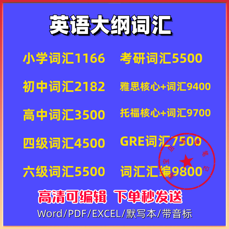英语词汇电子版小学初高中四六级专四八考研托福雅思GRE核心单词