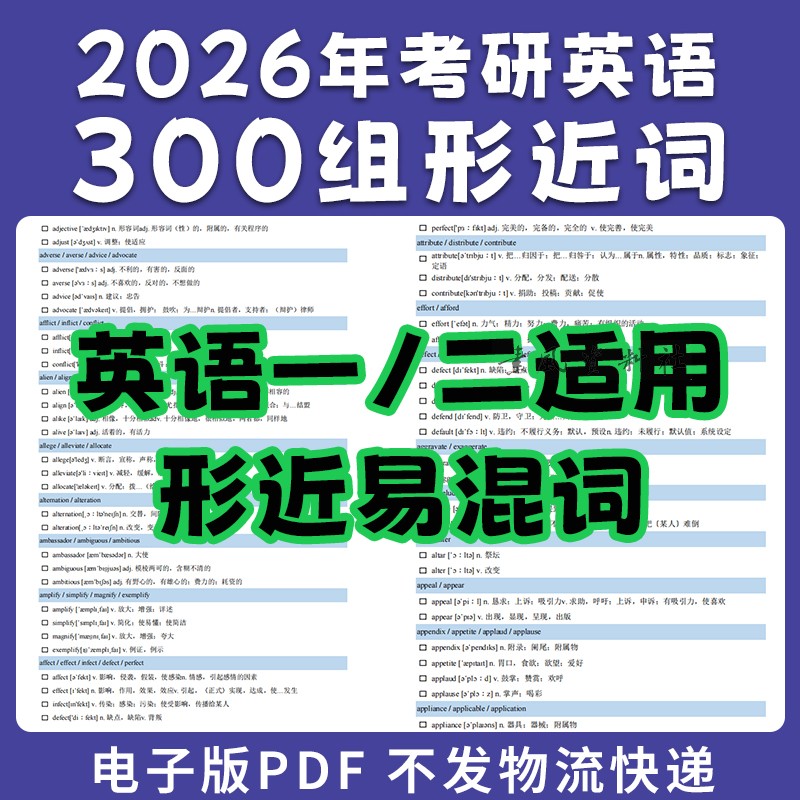 2026年考研英语一二300组形近词1000词37页PDF电子版详细解析资料