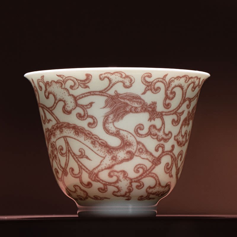 有茶有器景德镇谷雨山房手绘釉里红灵芝双螭龙仰钟杯高温原矿茶杯