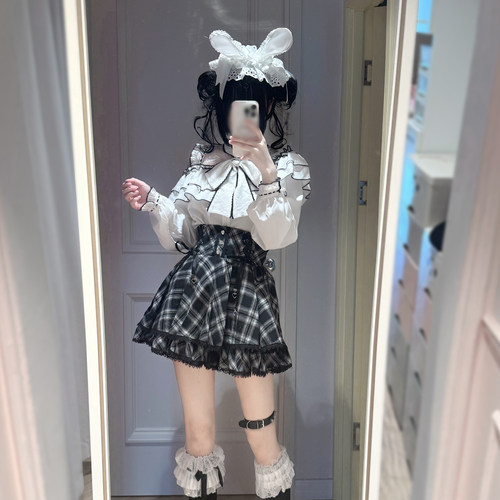 氛围元气棋格恋人长袖短裙格子套装蕾服lolita半裙甜美日系蕾丝