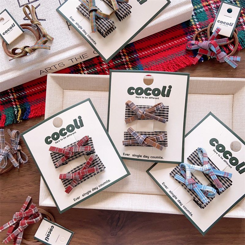 布艺格纹手打结儿童发夹发圈对装