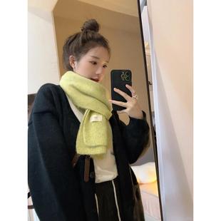 韩国egg马海毛绿色针织围巾女秋冬季2025新款含羊毛纯色加厚围脖
