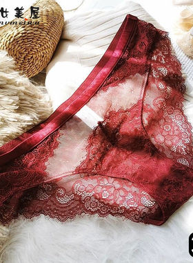 本命年红色新款性感镂空内裤女薄款蕾丝透明透气低腰提臀三角裤头