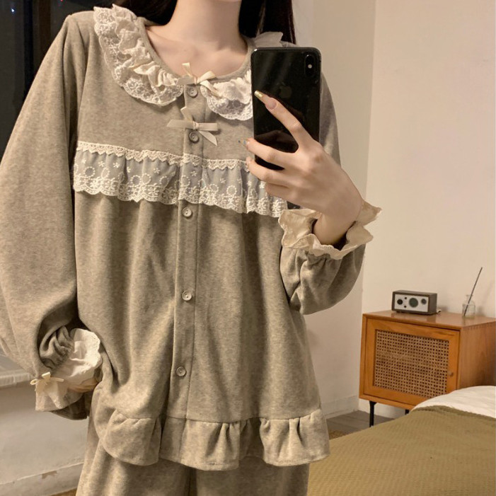韩版春秋季甜美蕾丝边2026新款开衫长袖学生简约休闲家居服两件套