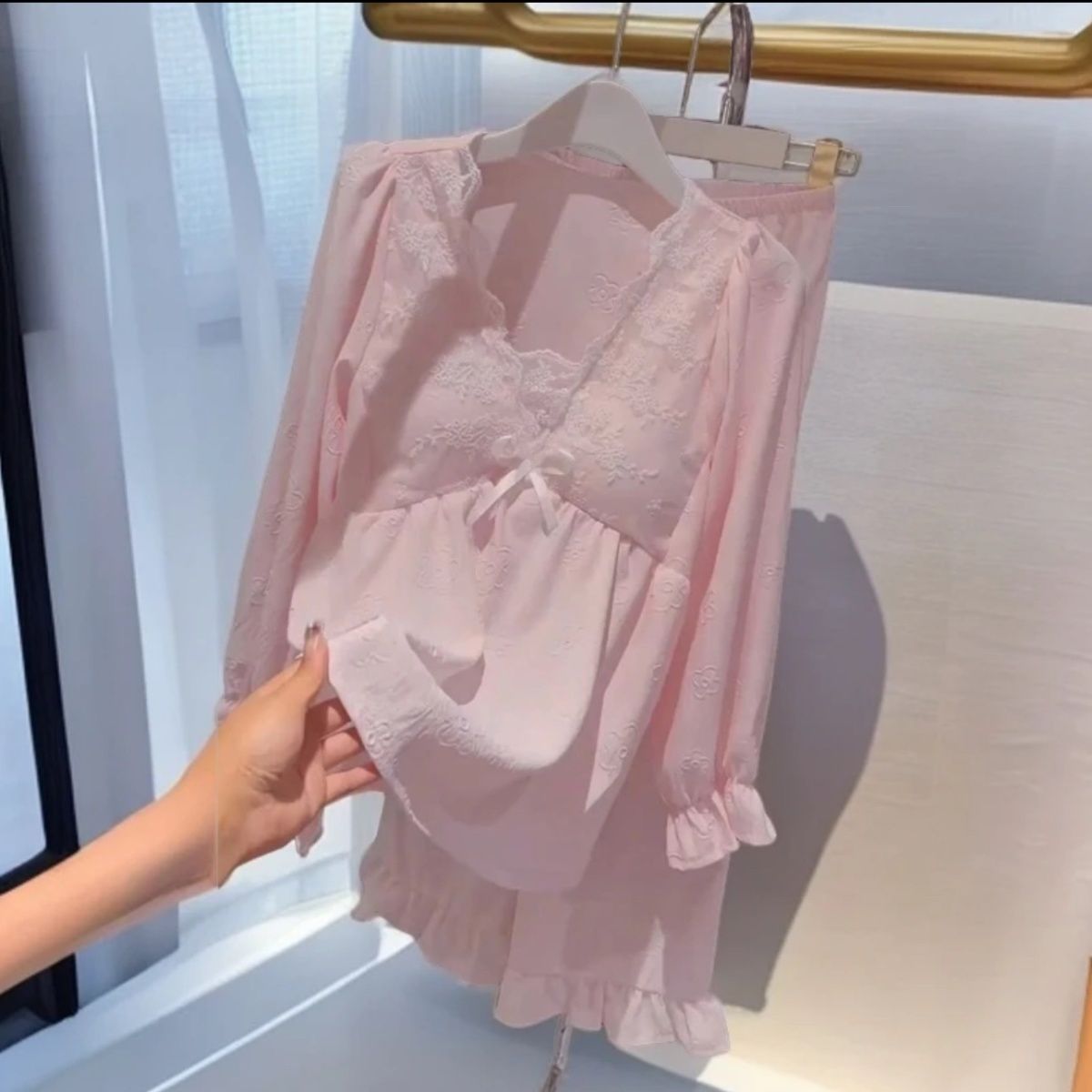 春秋蕾丝胸垫长袖睡衣套装家居服