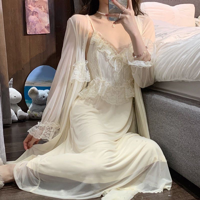 法式蕾丝网纱吊带睡裙套装家居服