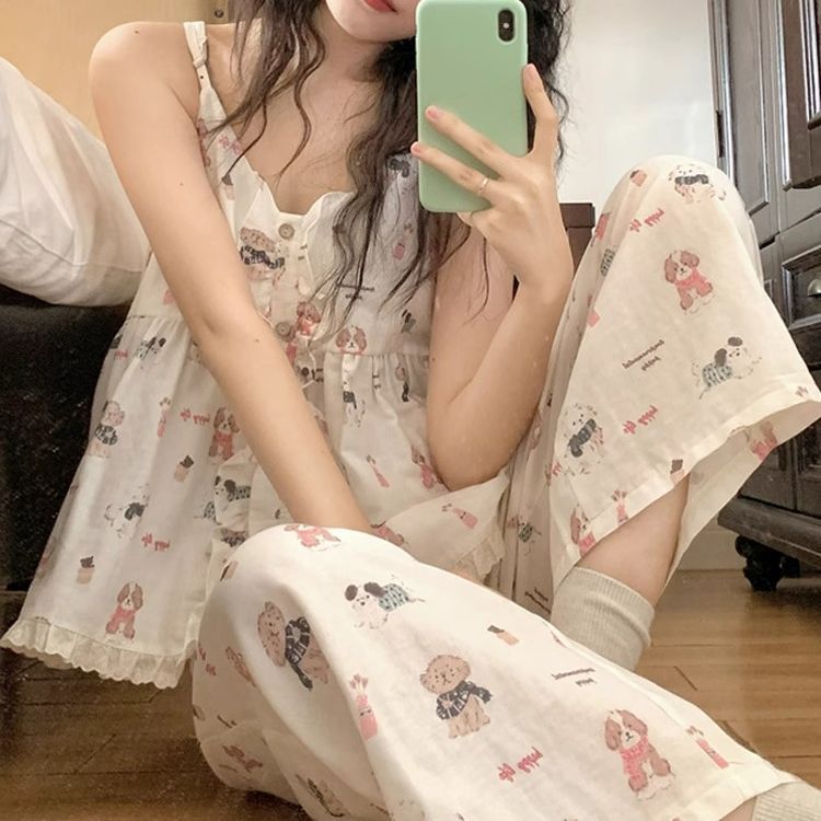 春季小狗甜美吊带阔腿睡衣套装