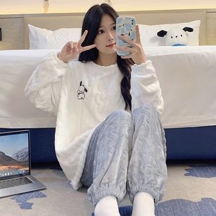 珊瑚绒睡衣女冬季加绒加厚2025年新款纯色法兰绒冬款家居服两件套