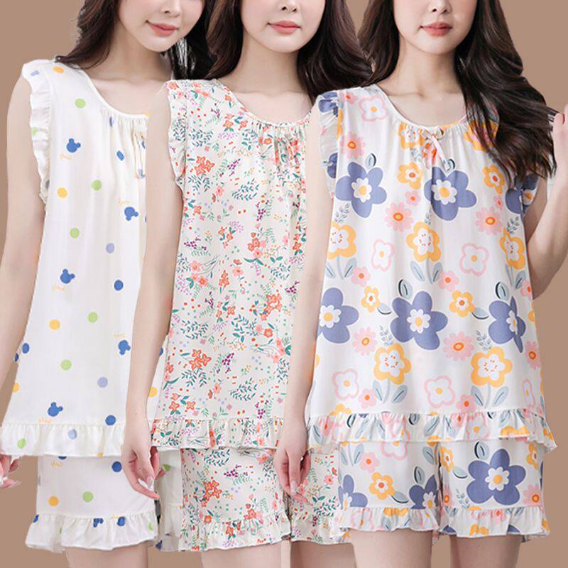 睡衣女夏季无袖花边短裤两件套装