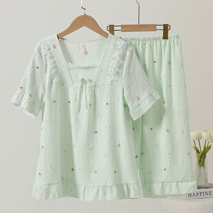 纯绵短袖蕾丝七分裤套装家居服夏季春秋天女士薄款睡衣云朵绵