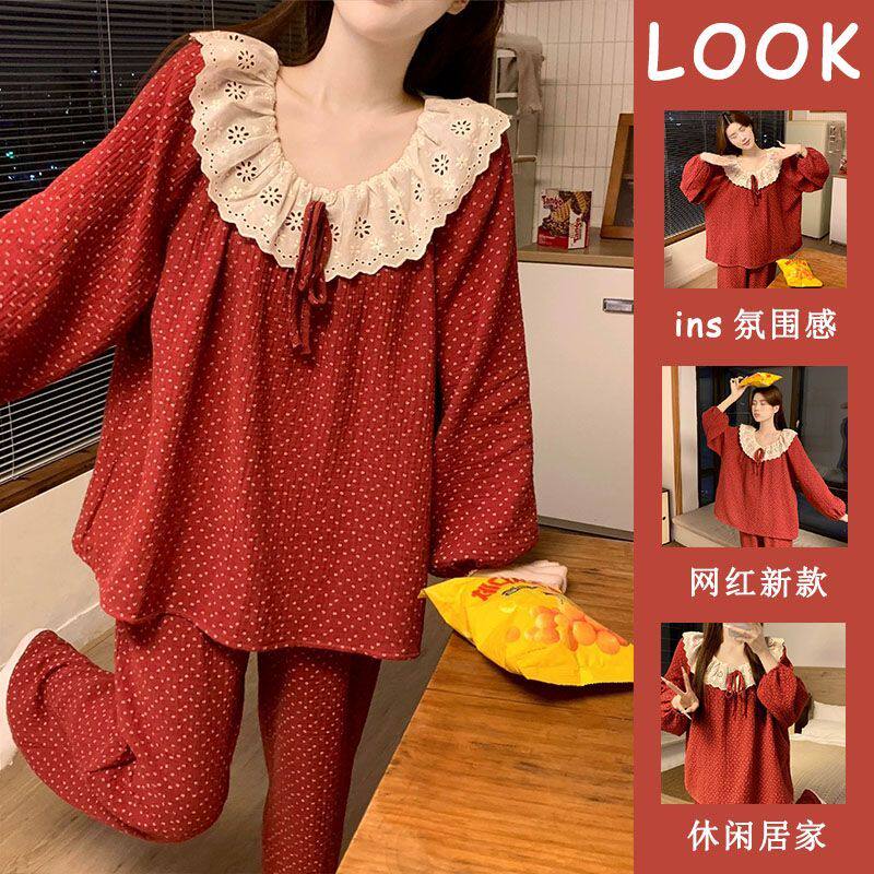 少女ins甜美风日系睡衣女春秋季新款休闲宽松蕾丝长袖家居服套装