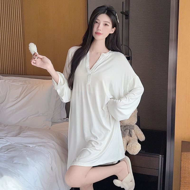 薄款莫代尔长袖纯色睡裙女