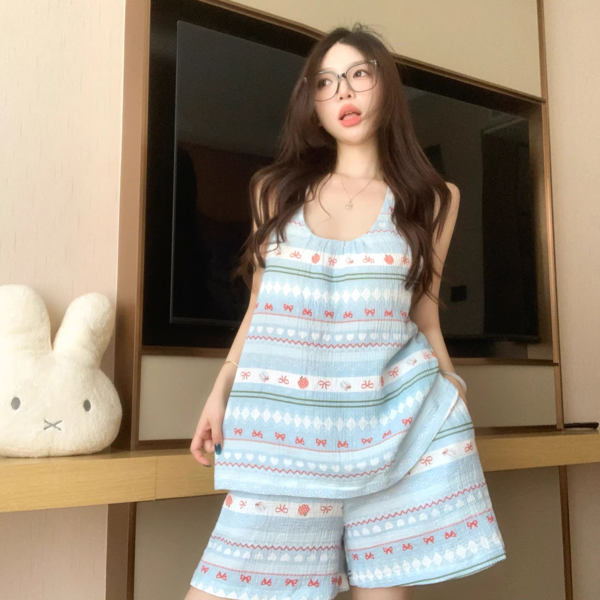 夏季薄款背心短裤睡衣套装女可外
