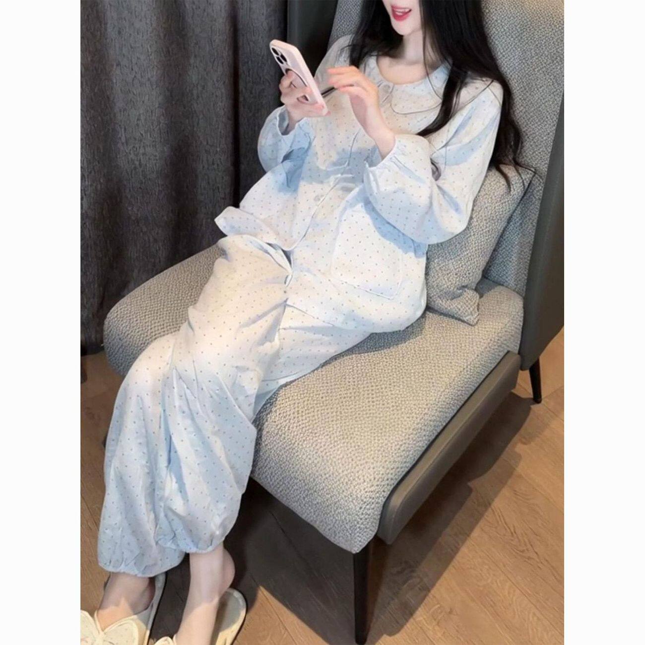 春秋女云朵棉波点宽松家居服套装