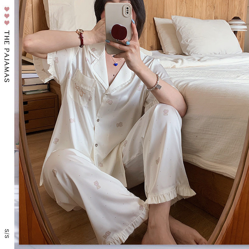 夏冰丝女短袖长裤睡衣套装家居服