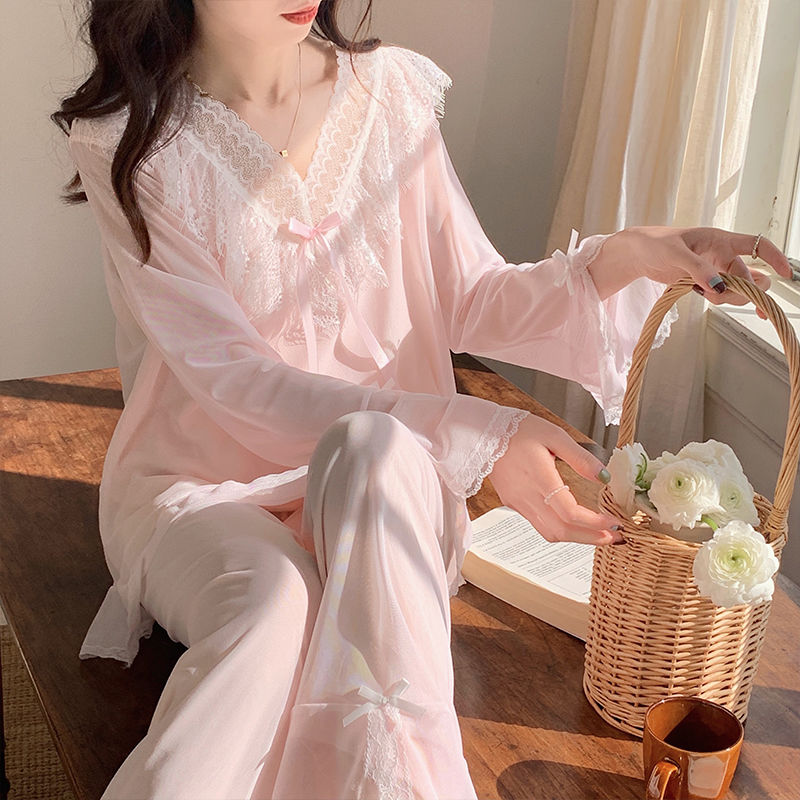 睡衣女春秋莫代尔蕾丝网纱套装