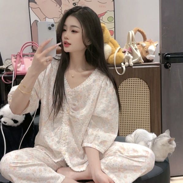 夏季甜美碎花兔V领睡衣套装女