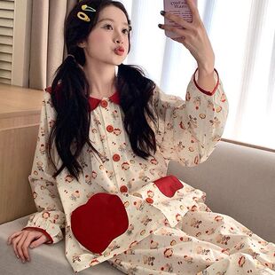 韩版可爱卡通苹果睡衣女新款春季甜美少女长袖套装家居服外穿