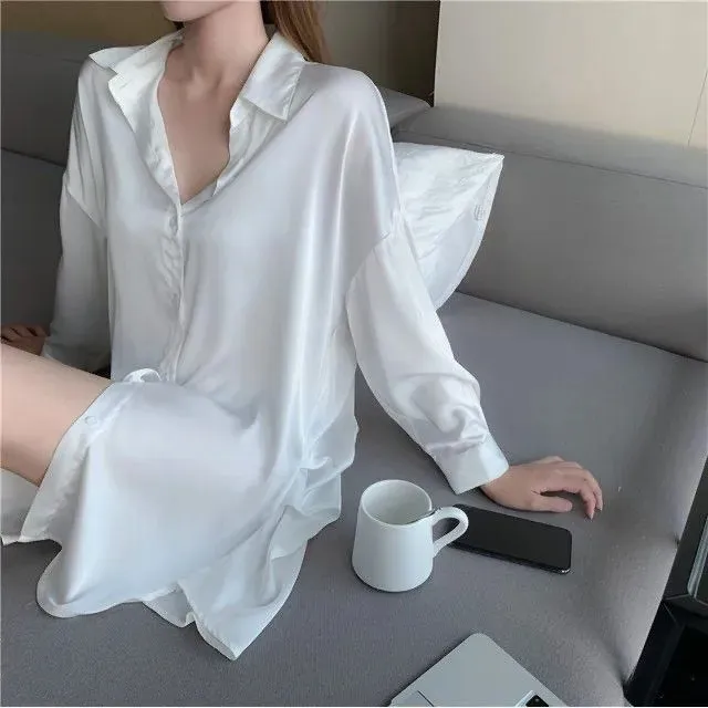 性感睡衣女春秋衬衫白色长袖睡裙