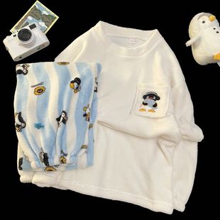 睡衣女款秋冬季加厚珊瑚绒保暖家居服2024新款可爱小企鹅大码套装